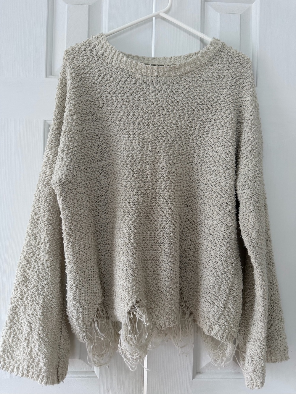 Daytrip Cream Fringe-Trim Textured Crewneck Sweater